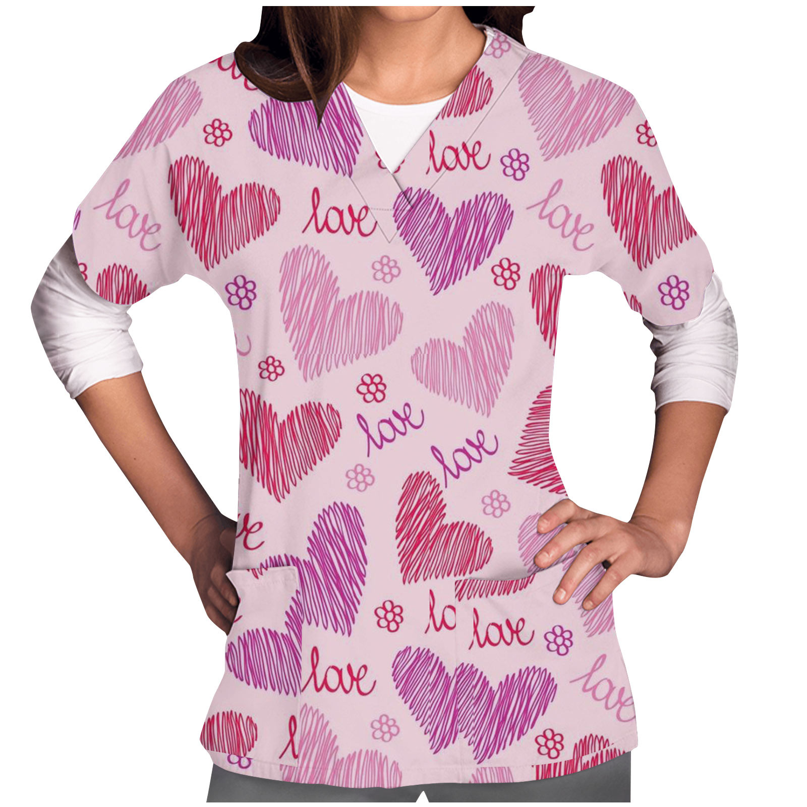 FAFWYP Valentines Day Scrubs for Women,Womens Heart Print Scrubs Tops