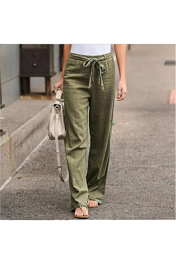 Women Plus Size Casual Solid Cotton Linen Loose Fit Trouser High Rise Elastic Waist Drawstring Straight Leg Full Long Yoga Jogger Pants with Sides Pockets