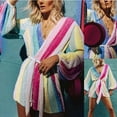 thumbnail image 1 of FAFWYP Women Summer Loose Jumpsuits Casual Sequin V Neck Lantern Long Sleeve Waist Bandage Striped Multicolor Printed Shorts Sparkle Metallic Party Rompers, 1 of 9