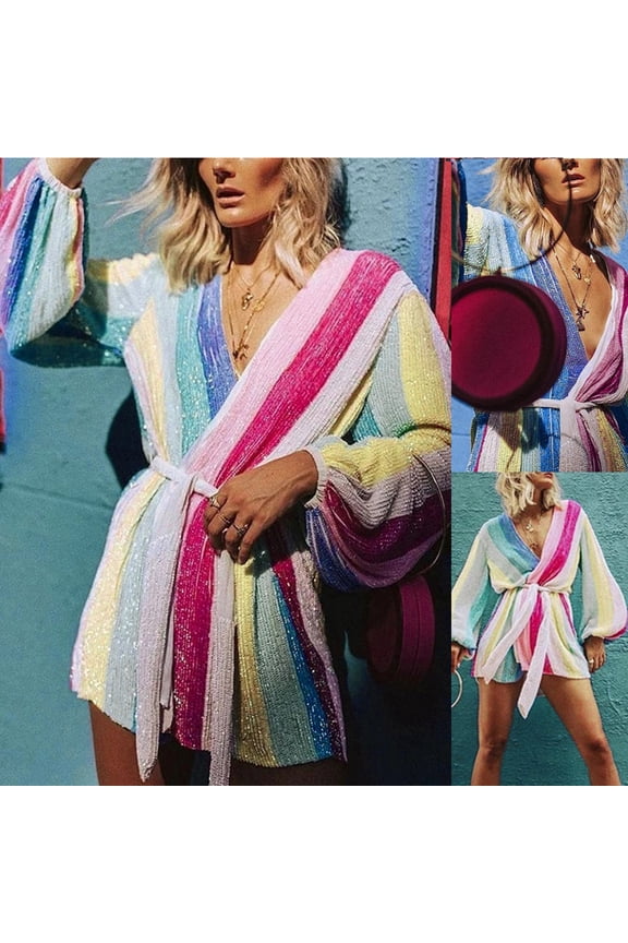 Women Summer Loose Jumpsuits Casual Sequin V Neck Lantern Long Sleeve Waist Bandage Striped Multicolor Printed Shorts Sparkle Metallic Party Rompers