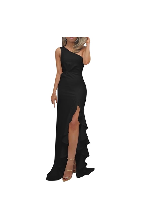 Women Summer Sexy Elegant Sleeveless Slanted One Shoulder Solid Color Sexy High Split Cutout Ruffled Bodycon Evening Gown Long Dress Ruched Party Wedding Cocktail Dress