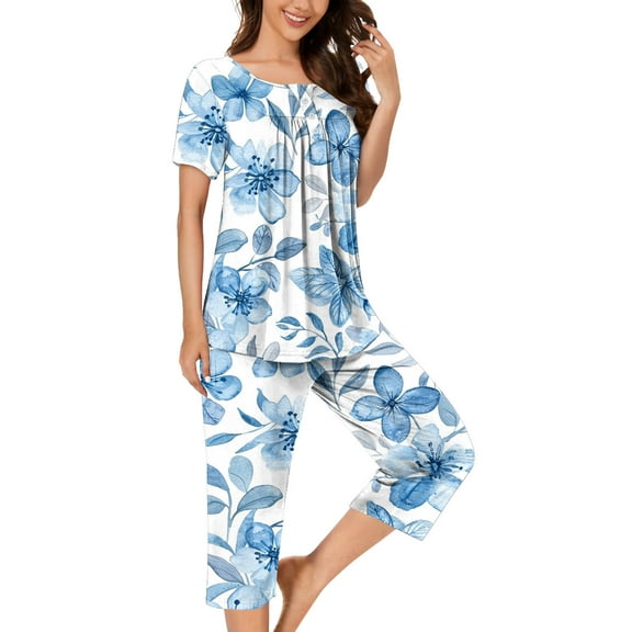 FAFWYP Women's 2 Piece Pajamas Sets Floral Printed Pj Sets Soft Sleepwear Short Sleeve Crewneck Tops & Capri Pants Lounge Sets Nightwear, S-3XL