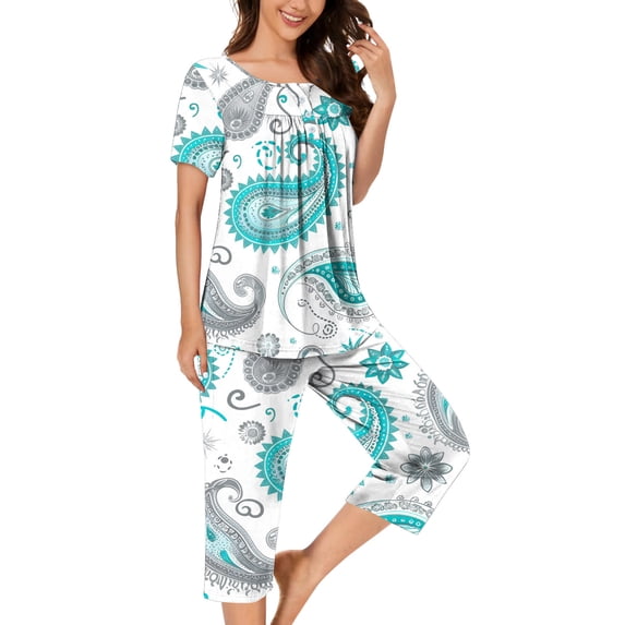 FAFWYP Women's 2 Pieces Pajamas Sets Soft Cotton Floral Printed Sleepwear Pockets Buttons Tops and High Waisted Ruched Shorts Spring Summer Homewear