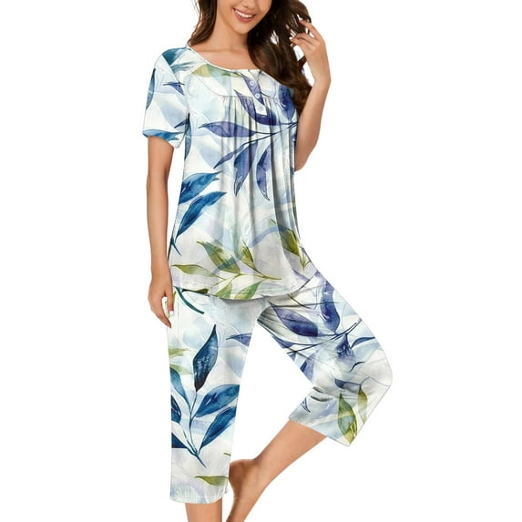 FAFWYP Women's 2 Pieces Pajamas Sets Soft Cotton Floral Printed Sleepwear Pockets Buttons Tops and High Waisted Ruched Shorts Spring Summer Homewear