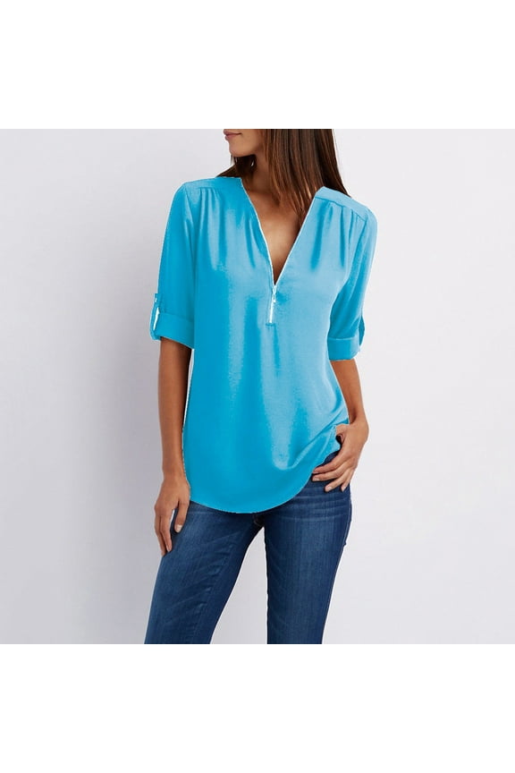 Women's 3/4 Rolled Sleeve Blouse, Zipper V Neck Tunic Tops for Leggings Casual Formal Top, Loose Chiffon Shirt Tops