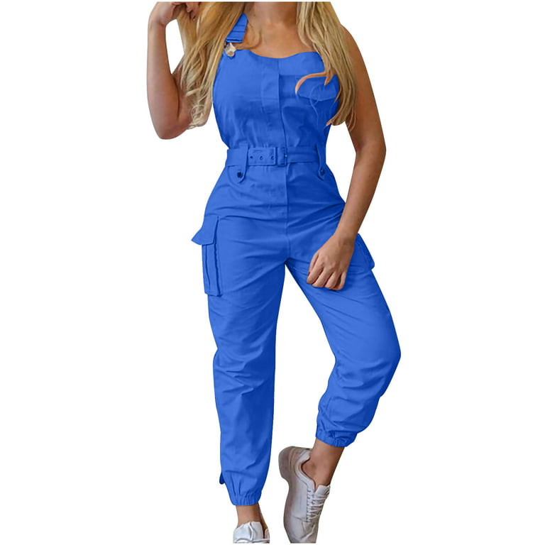 FAFWYP Women's Casual Cargo Overalls Sleeveless One-Piece Waist Suspenders  Long Leggings Plain Jumpsuits with Pockets