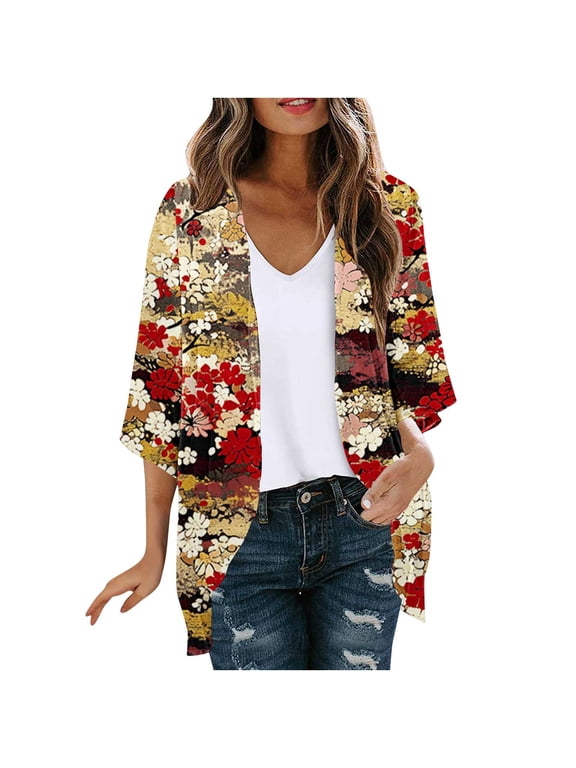 Women's Floral Print Boho Chiffon Cardigan 3/4 Sleeve Open Front Lightweight Draped Kimono Cardigan Summer Beach Cover Up Casual Blouse Tops