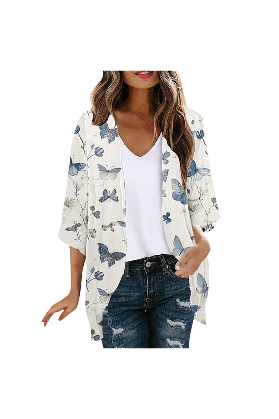 Women's Floral Print Boho Chiffon Cardigan 3/4 Sleeve Open Front Lightweight Draped Kimono Cardigan Summer Beach Cover Up Casual Blouse Tops