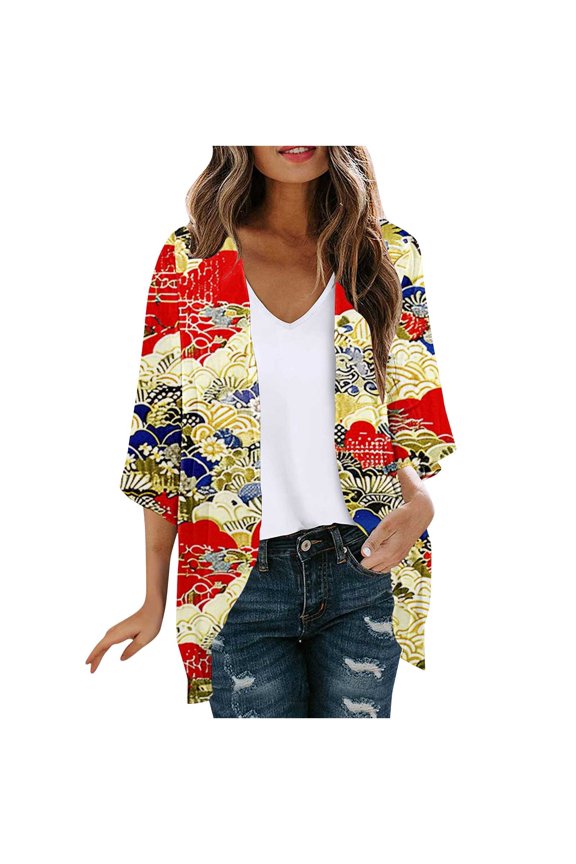 Women's Floral Print Boho Chiffon Cardigan 3/4 Sleeve Open Front Lightweight Draped Kimono Cardigan Summer Beach Cover Up Casual Blouse Tops