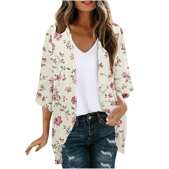 FAFWYP Women's Floral Print Boho Chiffon Cardigan 3/4 Sleeve Open Front Lightweight Draped Kimono Cardigan Summer Beach Cover Up Casual Blouse Tops