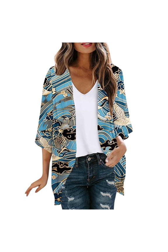 Women's Floral Print Boho Chiffon Cardigan 3/4 Sleeve Open Front Lightweight Draped Kimono Cardigan Summer Beach Cover Up Casual Blouse Tops
