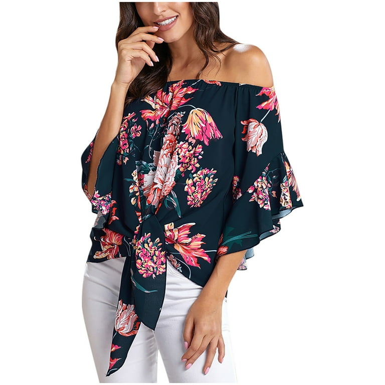 Chiffon Print Off Shoulder 3/4 Sleeve Blouses Chiffon Print Off Shoulder 3/4 Sleeve Blouses