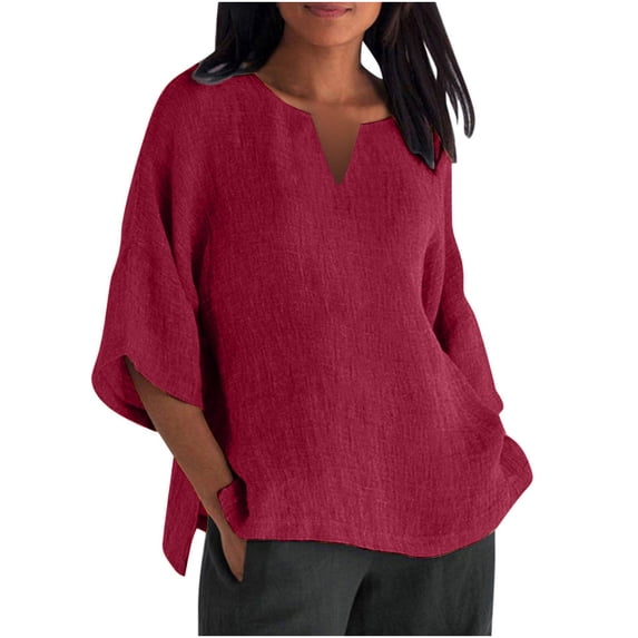 FAFWYP Women's Plus Size Cotton Linen 3/4 Sleeve Tops Solid Color Summer Casual Crew Neck Loose T Shirts Lightweight Basic Tunic Tees Blouses