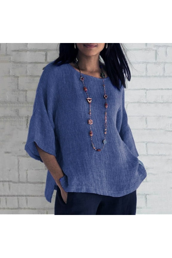 Plus Size Women's Blouse,Cotton Linen 3/4 Long Sleeve Tee Tops,Women's Summer Fashion V-Neck Half Sleeves T Shirt丨Solid Casual Loose Basic Tunics Blouse