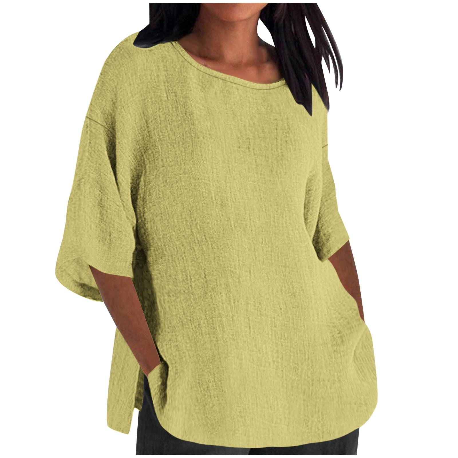 Casual Loose Linen Solid Color Pleated Puff Sleeves T-Shirt Top