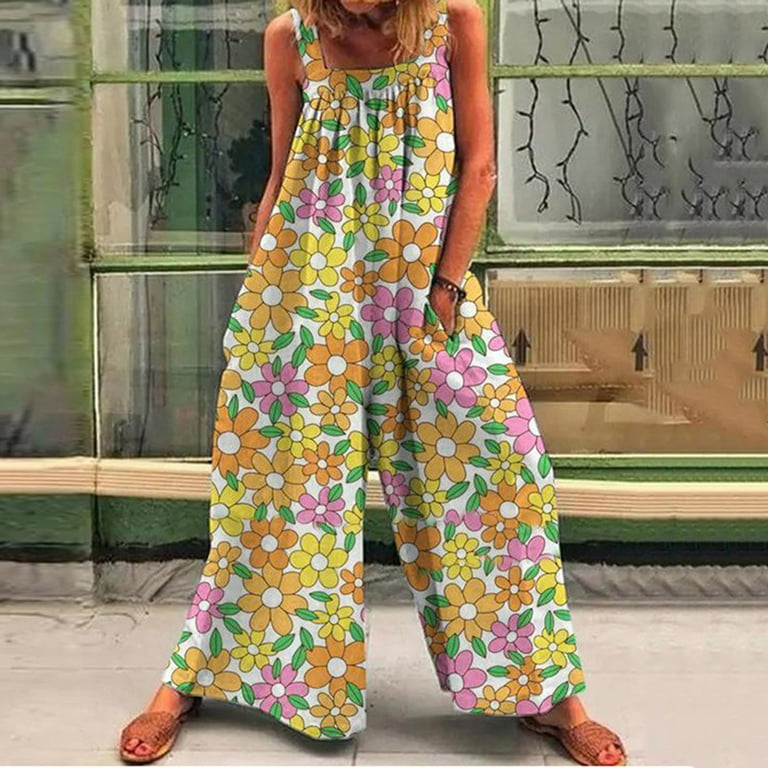 FAFWYP Women's Summer Boho Loose Jumpsuits Casual Sleeveless Spaghetti  Strap Flowy Wide Leg Pants Bodysuit Vintage Printed Square Neckline  Overalls Suspender Rompers with Pockets 