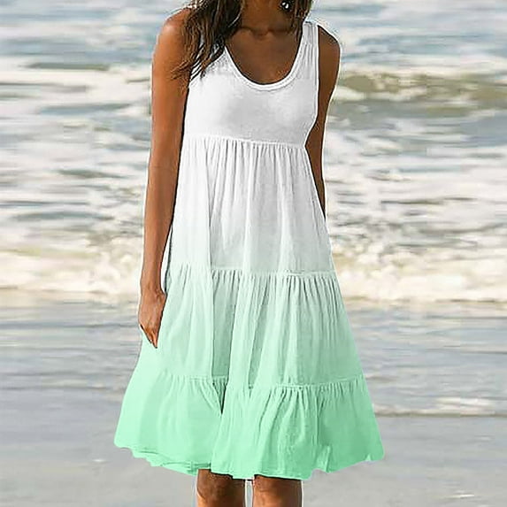 FAFWYP Women's Summer Casual Sleeveless Tiered Dress Round Neck Mini Sundress Gradient Color Loose Short Flowy Beach Boho Dress