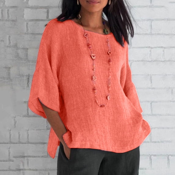 FAFWYP Women's Summer Casual Tunic Tops, Solid Loose Cotton Linen T-Shirts 3/4 Sleeve Round Neck Split Pullover Lightweight Basic Blouses