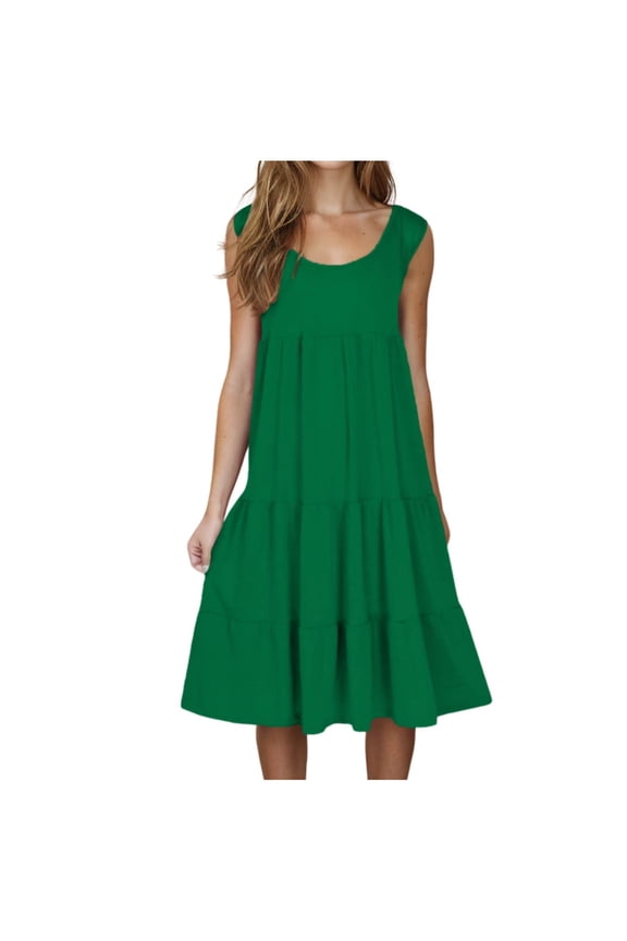 Women's Summer Dresses Solid Color Sleeveless Round Neck Tiered Swing Mini Dress Casual Loose Flowy Boho Dress Vacation Beach Sundresses