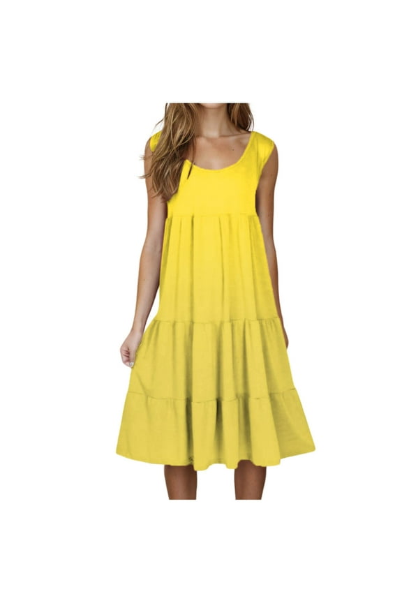 Women's Summer Dresses Solid Color Sleeveless Round Neck Tiered Swing Mini Dress Casual Loose Flowy Boho Dress Vacation Beach Sundresses