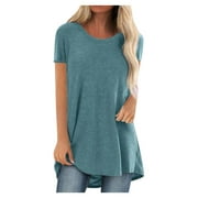FAFWYP Women's Summer Plus Size Tunic Tops Casual Round Neck Short Sleeved Long Flowy T-shirt Blouse for Leggings Ideal Gifts for Women