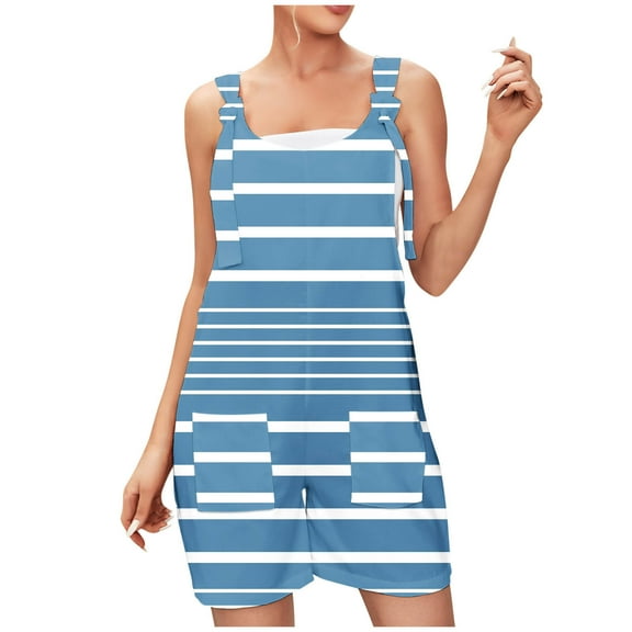 FAFWYP Women's Summer Sleeveless Adjustable Straps Jumpsuits Stripe Print Casual Loose Stretchy Shorts Rompers Overalls with Pockets