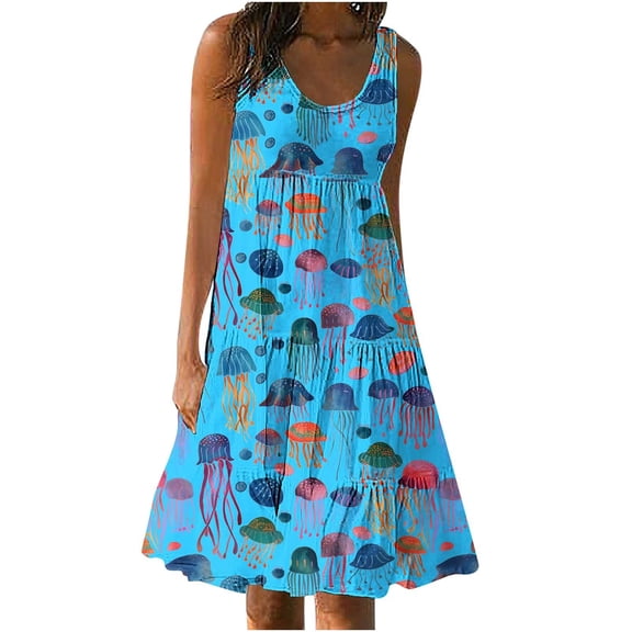 FAFWYP Women's Summer Sleeveless Tiered Dress Cute Print Round Neck Mini Sundresses Casual Loose Flowy Beach Boho Dress