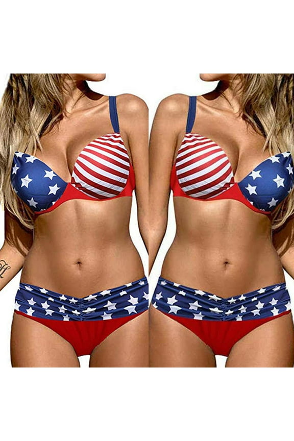 Womens American Flag Print Plus Size Swimsuit Two Piece 4th of July Bathing Suit Patriotic Spit Bikini Set for Independence Day