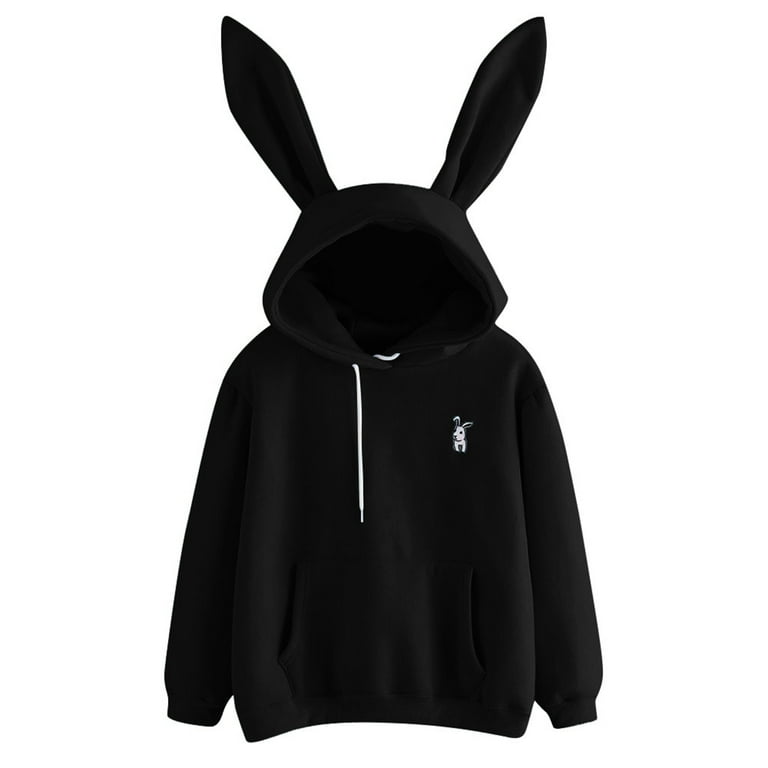 FAFWYP Womens Cute Bunny Ear Long Sleeve Rabbit Embroidery Hoodie, Pocket  Drawstring Sweatshirt Comfy Pullover Tops Blouse 