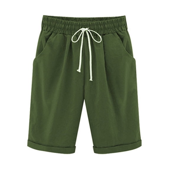 FAFWYP Womens Plus Size Cotton Linen Bermuda Shorts Casual Comfy Elastic Waist Drawstring Shorts Solid Athletic Running Shorts(S-6XL)