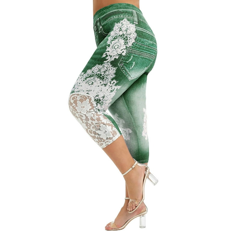 FAFWYP Womens Plus Size Lace Fake Denim Jean Leggings Tummy Control Yoga  Capri Pants Casual Elastic High Waist Sweatpant Summer Stretchy Jeans  Trousers 