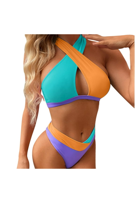 Womens Sexy Color Block Bikini Set Halter Swimsuit Two Piece Bathing Suit Beachwear Swimwear
