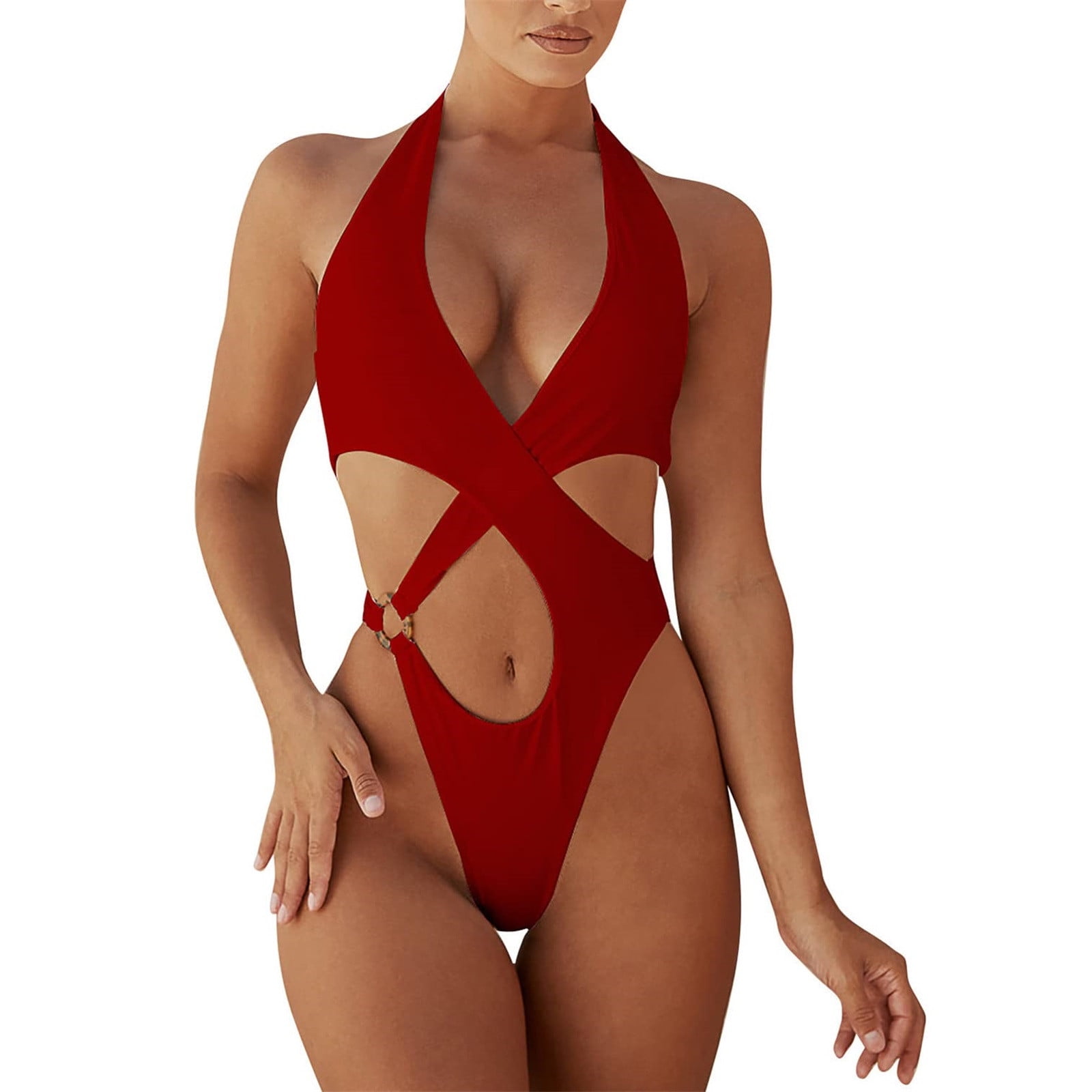 FAFWYP Womens Sexy Deep V Neck One Piece Bathing Suit Halter Criss Cross  Cutout Bikini Set Swimsuit Hawaiian Cheeky Bottom Beachwear 