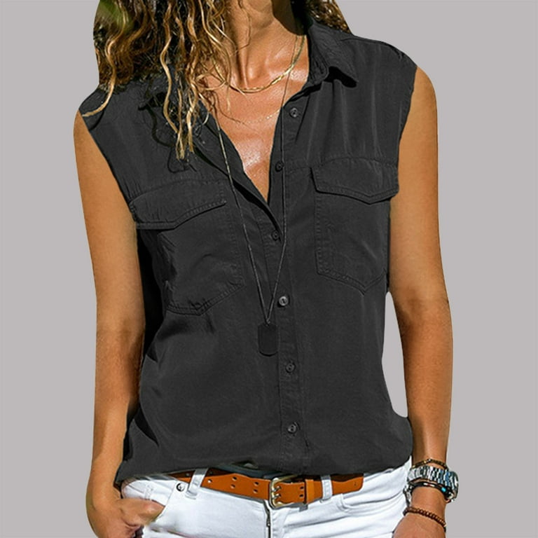 FAFWYP Womens Solid Sleeveless Button Down Office Shirts with Pockets  Casual Summer Lapel Collar Tank Tops Business V Neck Slim Fit Work