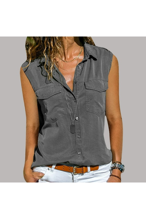 Womens Solid Sleeveless Button Down Office Shirts with Pockets Casual Summer Lapel Collar Tank Tops Business V Neck Slim Fit Work Blouse(Gray,M)