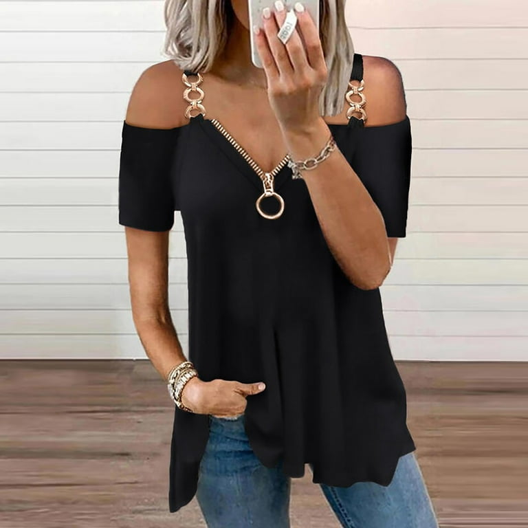 FAFWYP Womens Summer Cold Shoulder Tops Plus Size Sexy V Neck Zipper  T-Shirt Casual Shirts Lace Short Sleeve Strap Tunic Blouses(Black,M)