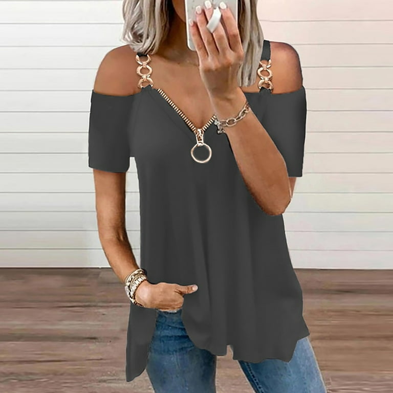 FAFWYP Womens Summer Cold Shoulder Tops Plus Size Sexy V Neck Zipper  T-Shirt Casual Shirts Lace Short Sleeve Strap Tunic Blouses(Dark Gray,M)