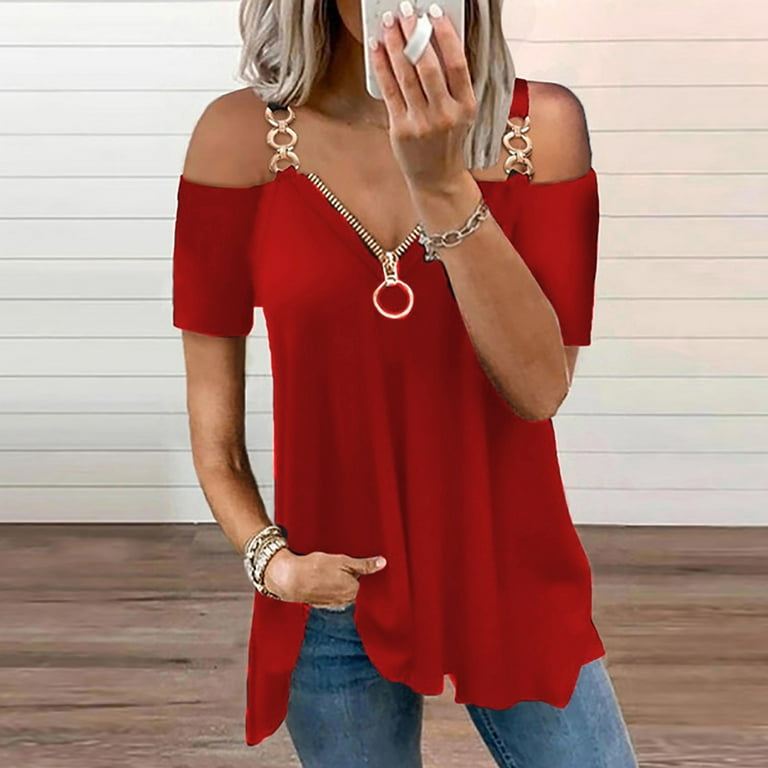 FAFWYP Womens Summer Cold Shoulder Tops Plus Size Sexy V Neck Zipper  T-Shirt Casual Shirts Lace Short Sleeve Strap Tunic Blouses(Red,M)