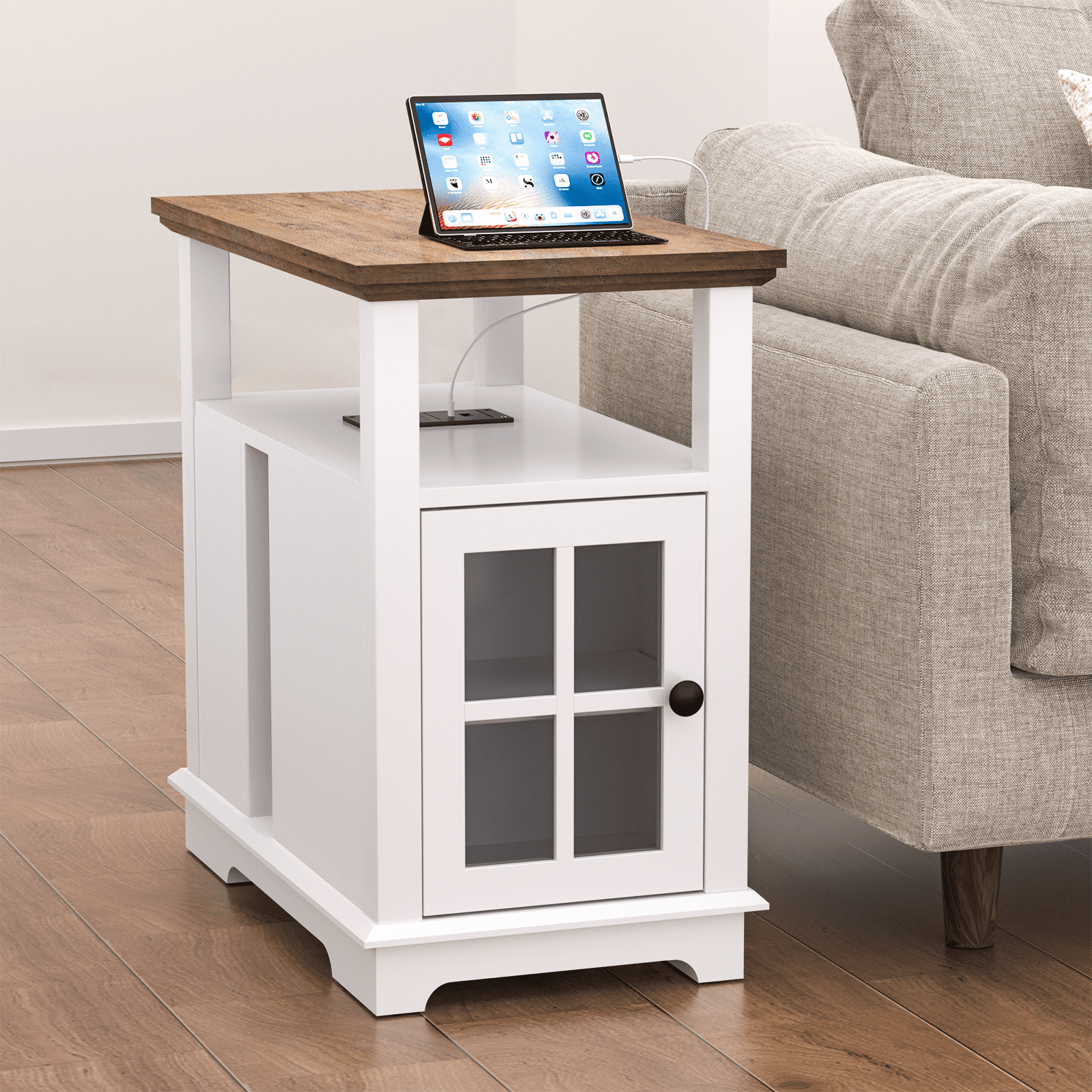 FAGAGA 14.7" Fireplace End Table with Charging Station, Storage Narrow