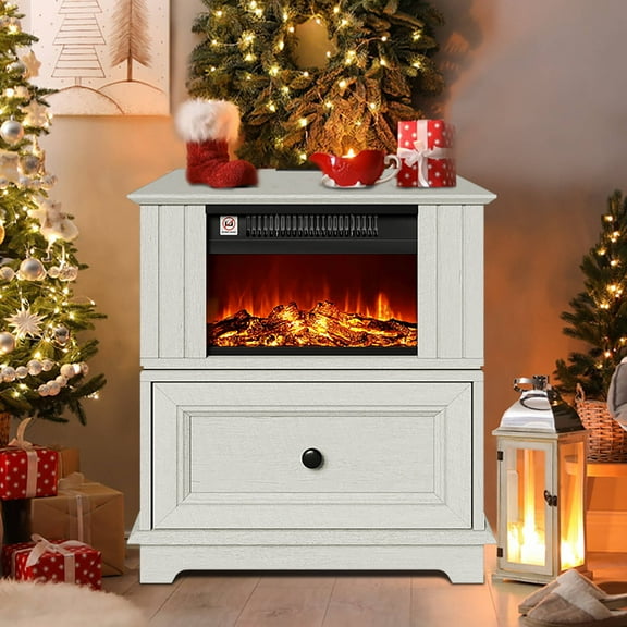 FAGAGA 19.7" Fireplace End Table with Charging Station, Rotating Square Side Table with Storage, Nightstand with Electric Fireplace Heater for Bedroom Living Room | White