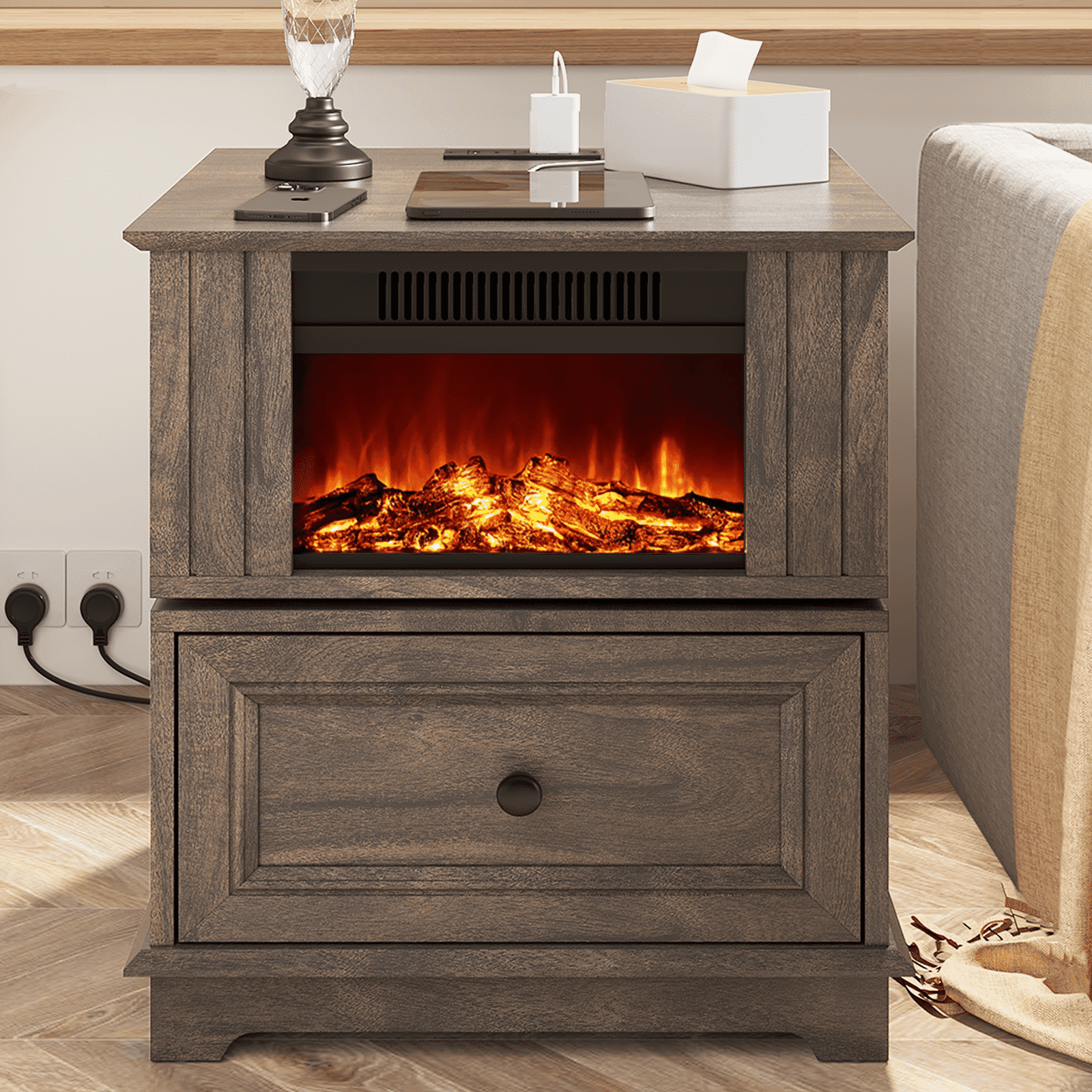FAGAGA 19.7" Fireplace End Table with Charging Station, Rotating Square Side Table with Storage, Nightstand with Electric Fireplace Heater for Bedroom Living Room | Brown