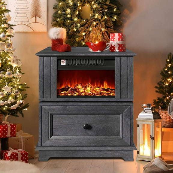 FAGAGA 19.7" Fireplace End Table with Charging Station, Rotating Square Side Table with Storage, Nightstand with Electric Fireplace Heater for Bedroom Living Room | Gray