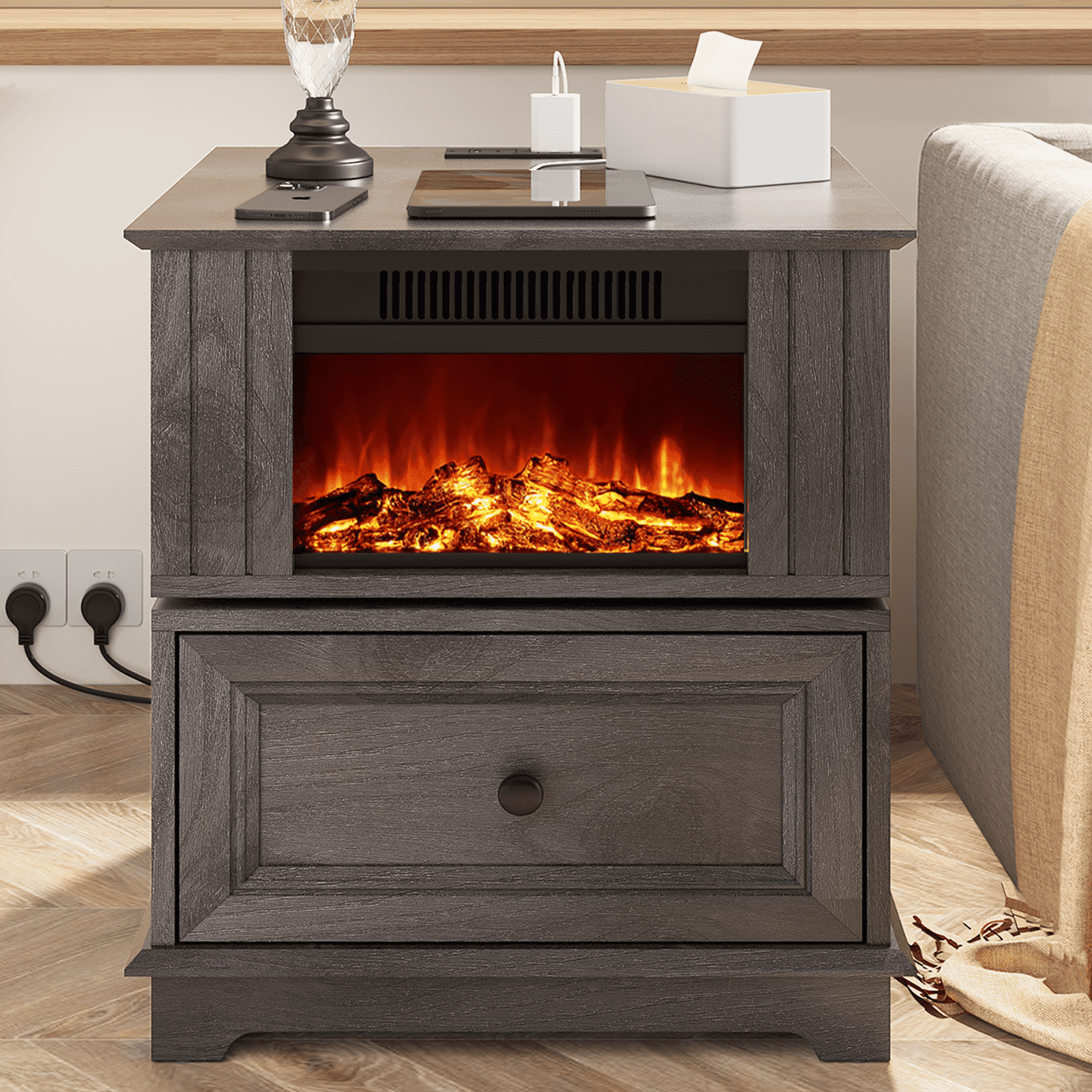 FAGAGA 19.7" Fireplace End Table with Charging Station, Rotating Square Side Table with Storage, Nightstand with Electric Fireplace Heater for Bedroom Living Room | Gray