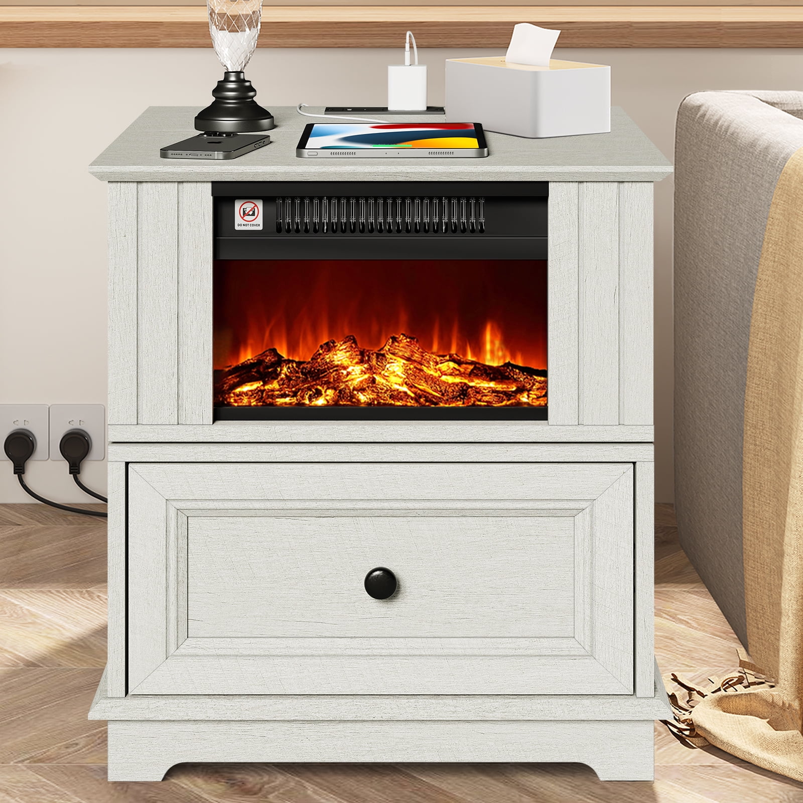FAGAGA 19.7" Fireplace End Table with Charging Station, Rotating Square Side Table with Storage, Nightstand with Electric Fireplace Heater for Bedroom Living Room | White
