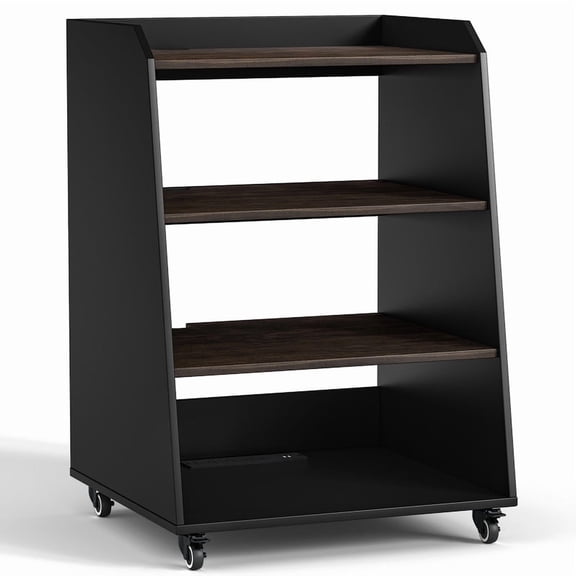 FAGAGA 4-Tier Rolling AV Media Stand with Built-in Power Strip – Modern Wooden Record Player & Stereo Rack with LED Lights, Wheels, and Vinyl Storage for Living Room or Music Room