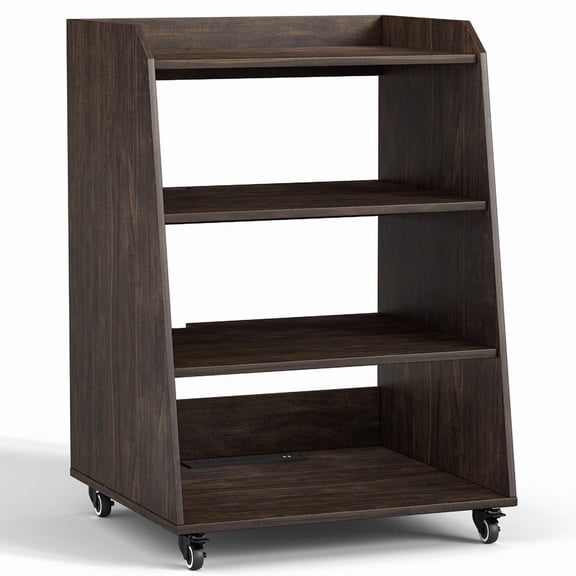 FAGAGA 4-Tier Rolling AV Media Stand with Built-in Power Strip – Modern Wooden Record Player & Stereo Rack with LED Lights, Wheels, and Vinyl Storage for Living Room or Music Room