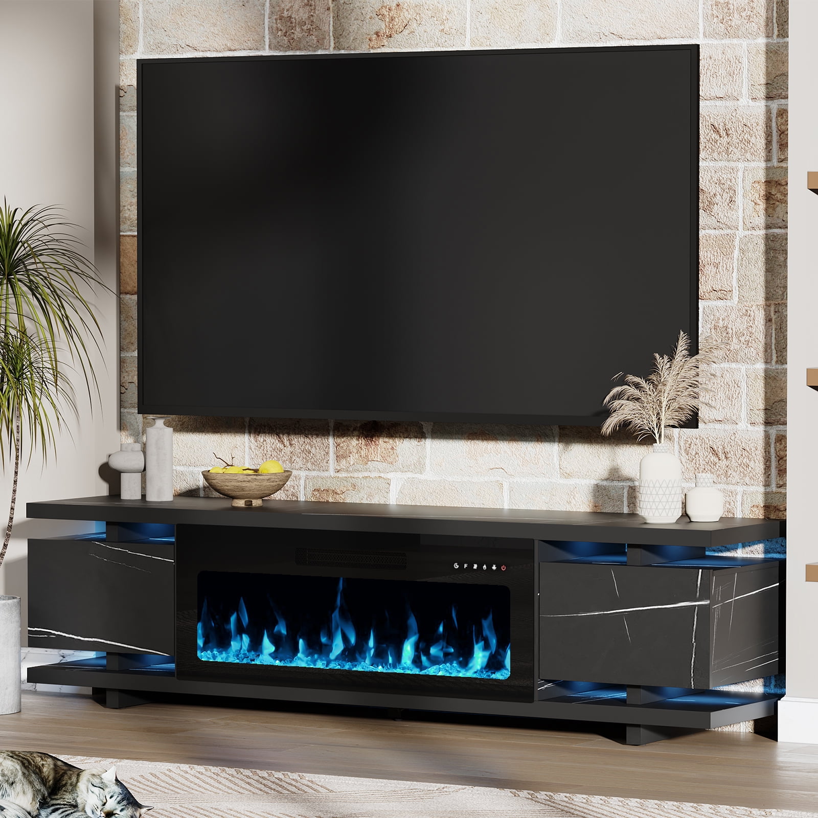 FAGAGA 69" Electric Fireplace TV Stands for TVs up to 80", LED Lights and Remote Control,Black