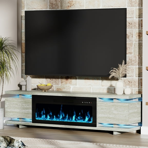 FAGAGA 69" Electric Fireplace TV Stands for TVs up to 80", LED Lights and Remote Control,Travertine