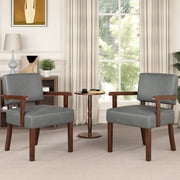 FAGAGA Accent Chair Set of 2 with Table, Mid Century Modern PU Leather Chair for Living Room, Oversized Chair for Reading Room, Reception Room, Bedroom | Leather Gray