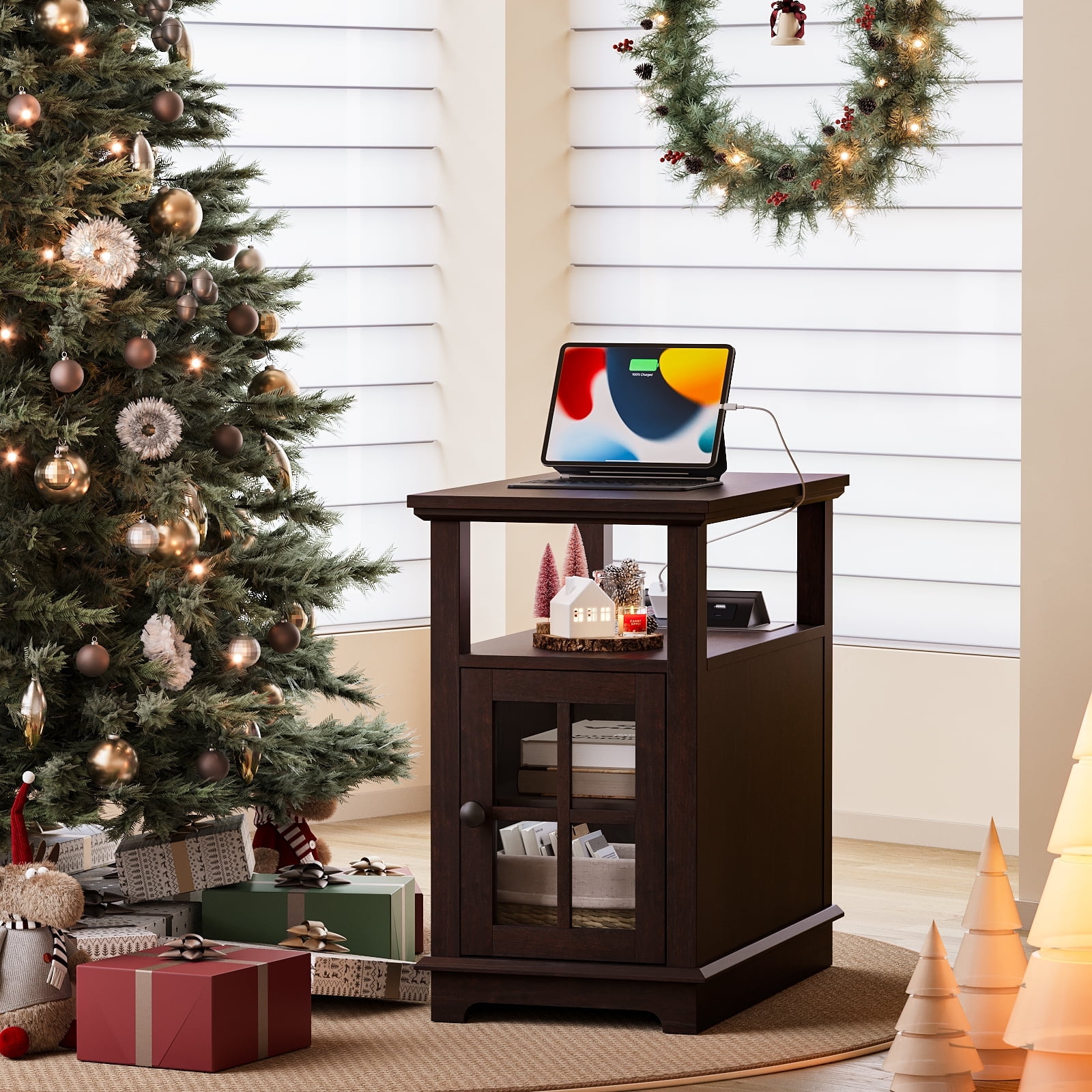 Espresso Wood and Metal End Table with Charging Station